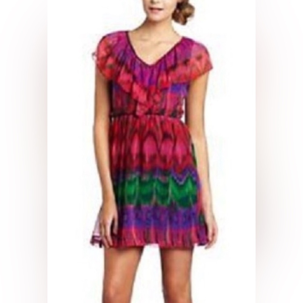 TRINA TURK Ruffle Dress Braided Neckline Colorful Eclectic Printed Jewel Tones